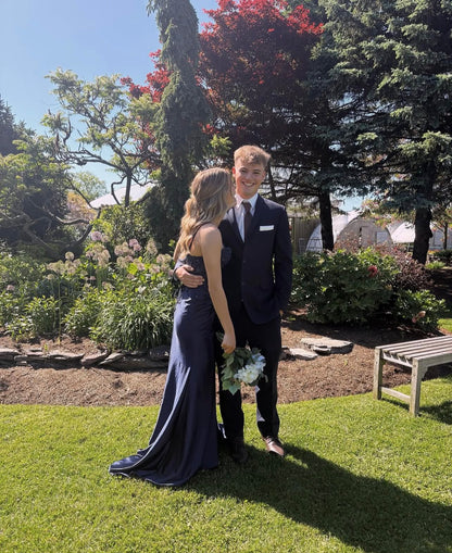 Spaghetti Straps Navy Blue Satin Prom Mermaid Evening Dress J10733