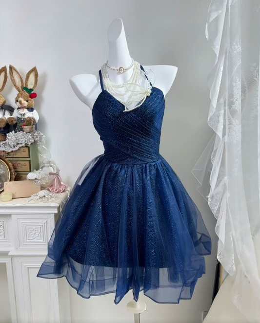 Spaghetti Straps Navy Blue Tulle Homecoming Dress Short Party Dress  J11159