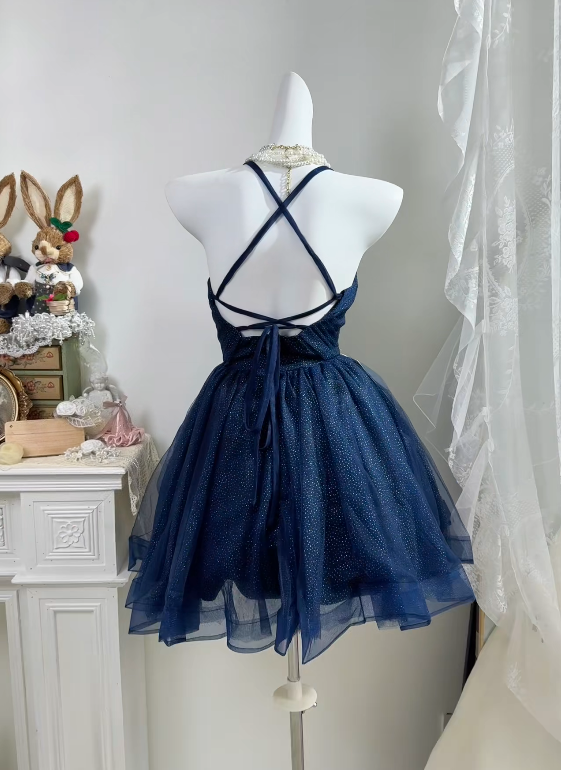 Spaghetti Straps Navy Blue Tulle Homecoming Dress Short Party Dress  J11159