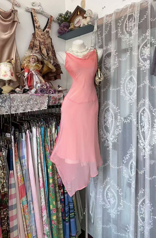 Spaghetti Straps Peach Chiffon Party Dress Formal Wedding Guest Dress  J10853