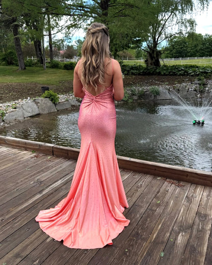 Spaghetti Straps Peach Mermaid Prom Dress Satin Evening Gown  J10730