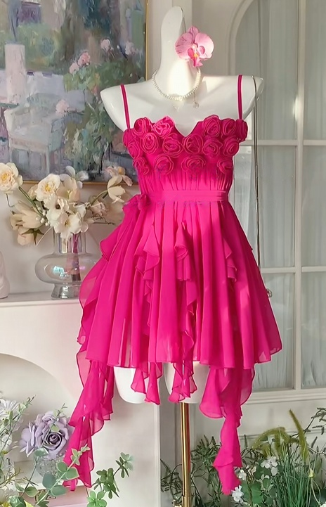 Spaghetti Straps Pink Chiffon Homecoming Dress Short Party Dress  J10921