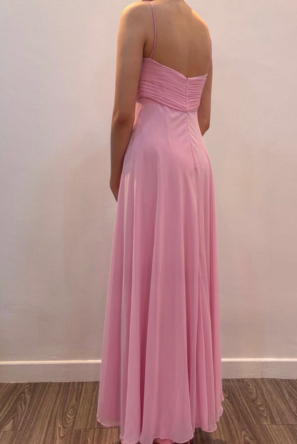 Spaghetti Straps Pink Chiffon Wedding Guest Dress With Flora  J11964