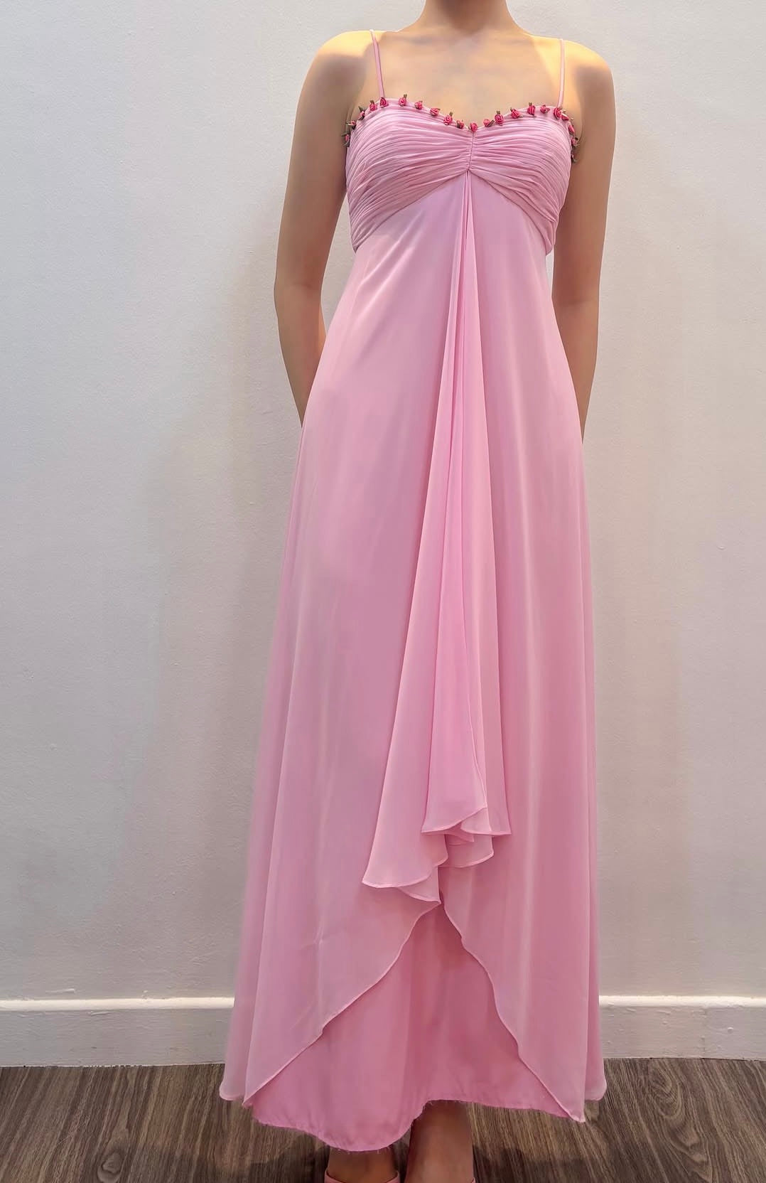 Spaghetti Straps Pink Chiffon Wedding Guest Dress With Flora  J11964