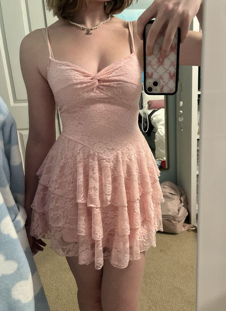 Spaghetti Straps Pink Lace Homecoming Dress Short Birthday Dress  J11505