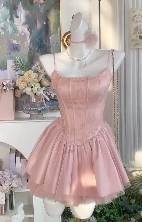 Spaghetti Straps Pink Satin Homecoming Dress Short Birthday Dress  J10999