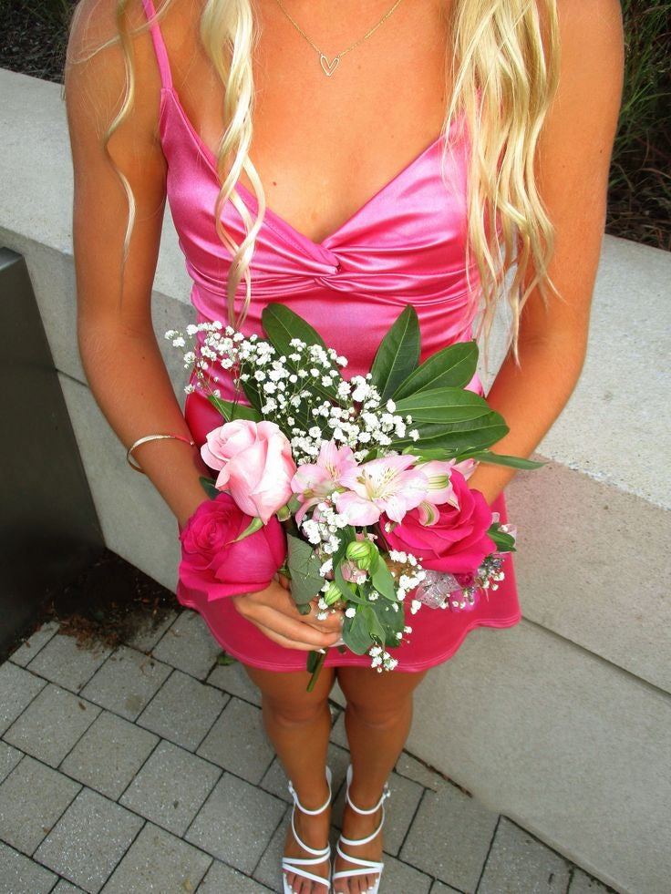 Spaghetti Straps Pink Satin Homecoming Dress Short Party Dress  J11392