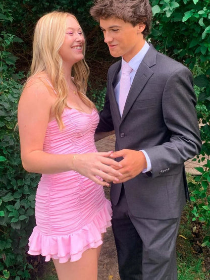 Spaghetti Straps Pink Sheath Ruffled Homecoming Dress J11632