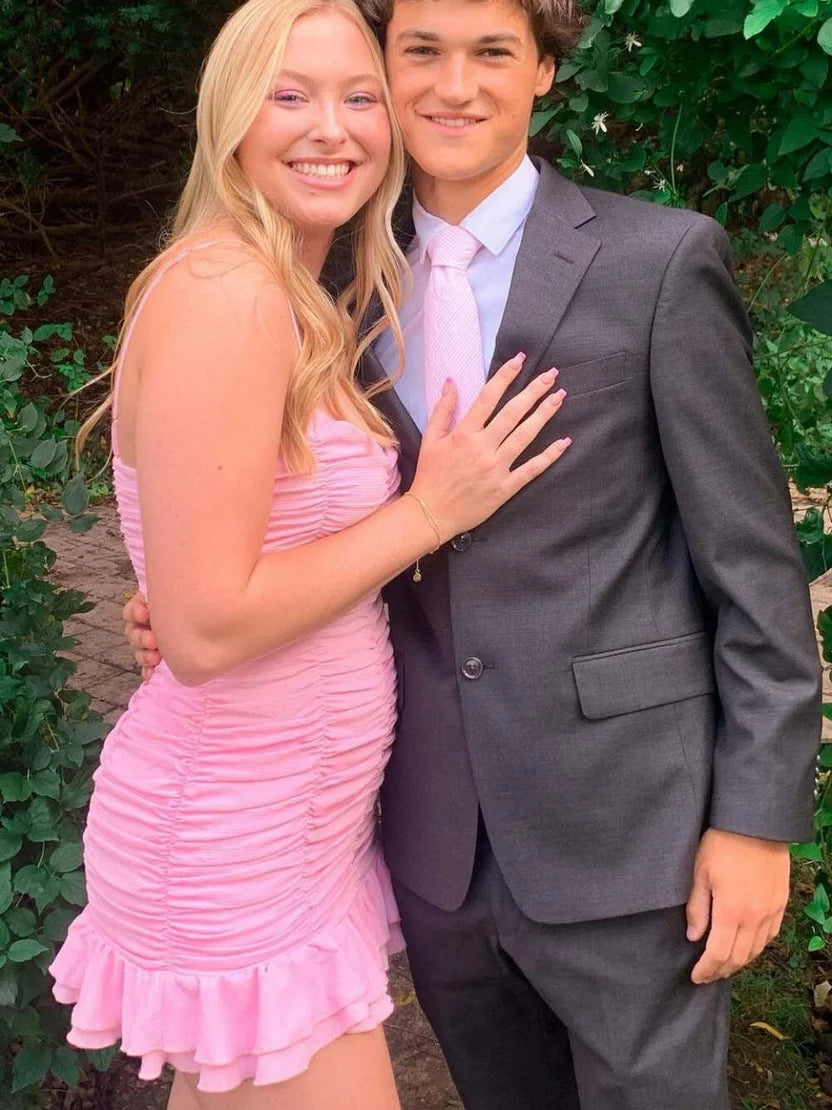 Spaghetti Straps Pink Sheath Ruffled Homecoming Dress J11632