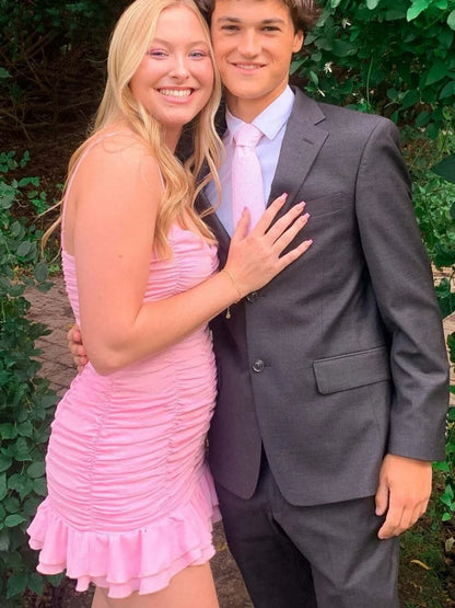 Spaghetti Straps Pink Sheath Ruffled Homecoming Dress J11632