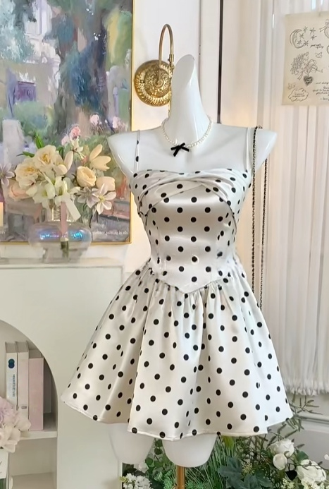 Spaghetti Straps Polka Dot Homecoming Dress Short Birthday Dress  J10996