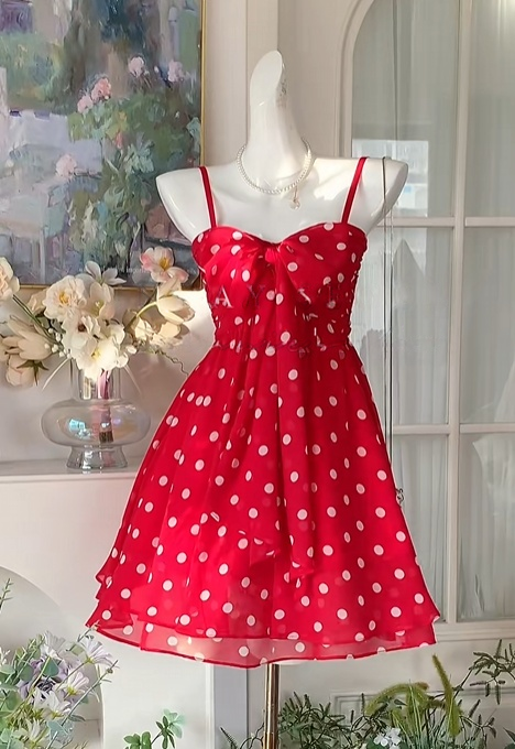 Spaghetti Straps Polka Dots A Line Red Short Homecoming Dress J10929