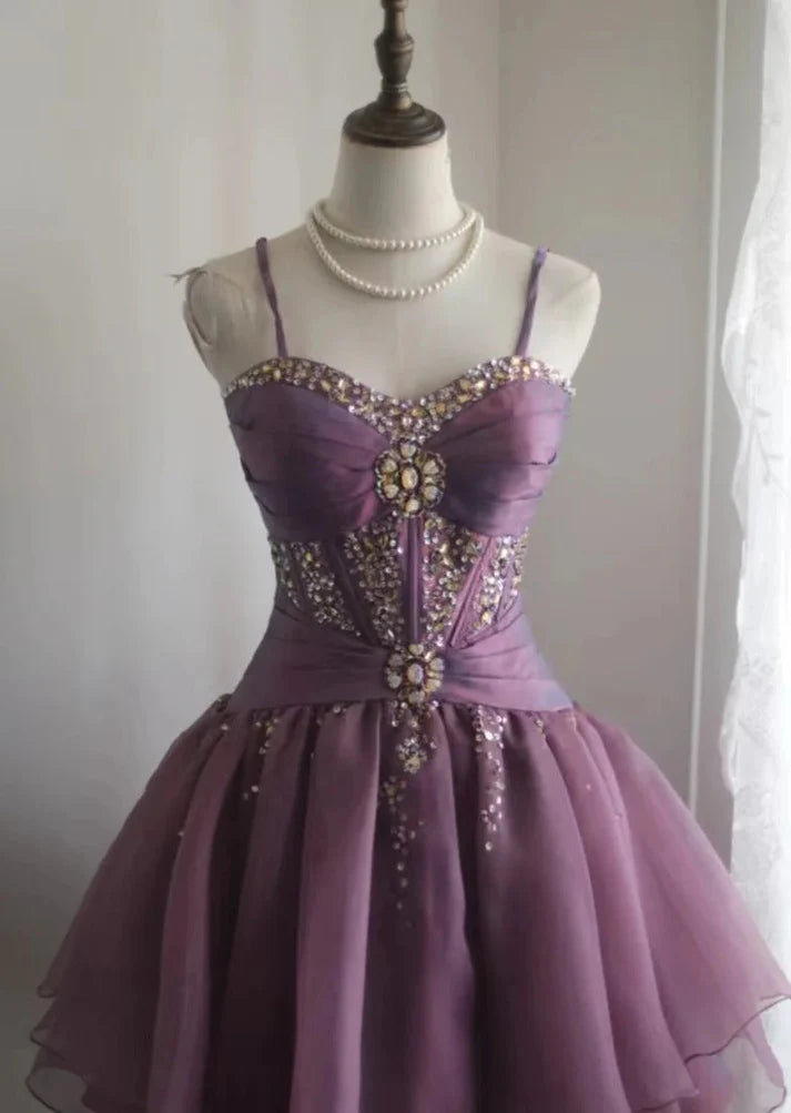 Spaghetti Straps Purple Beaded A-Line Short Homecoming Dresses  J9958