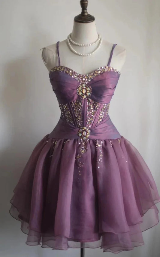 Spaghetti Straps Purple Beaded A-Line Short Homecoming Dresses  J9958