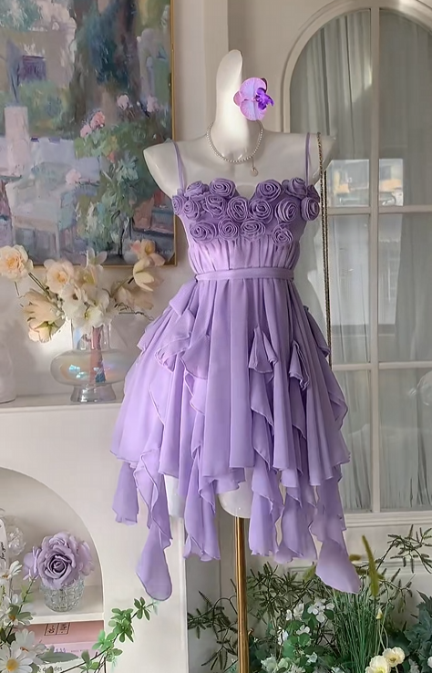 Spaghetti Straps Purple Chiffon Homecoming Dress Ruffled Party Dress J11490