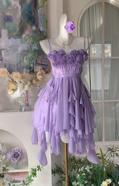 Spaghetti Straps Purple Chiffon Homecoming Dress Ruffled Party Dress J11490