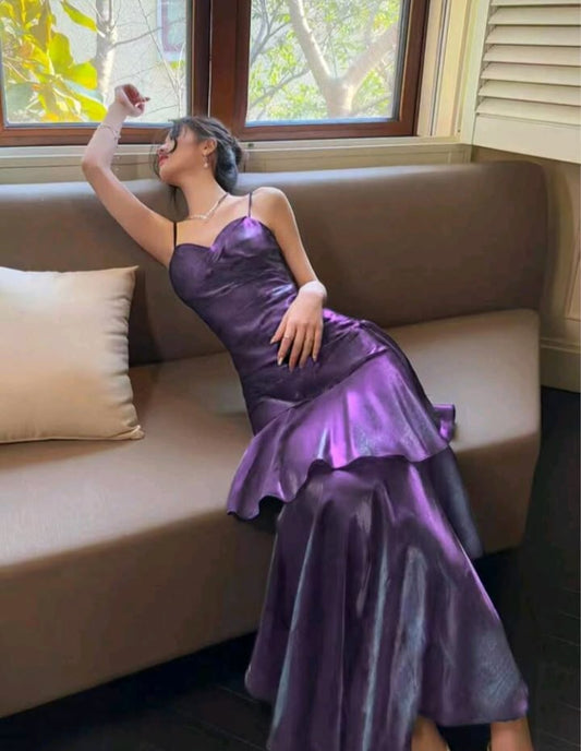 Spaghetti Straps Purple Formal Prom Dress Sheath Birthday Dress  J11126