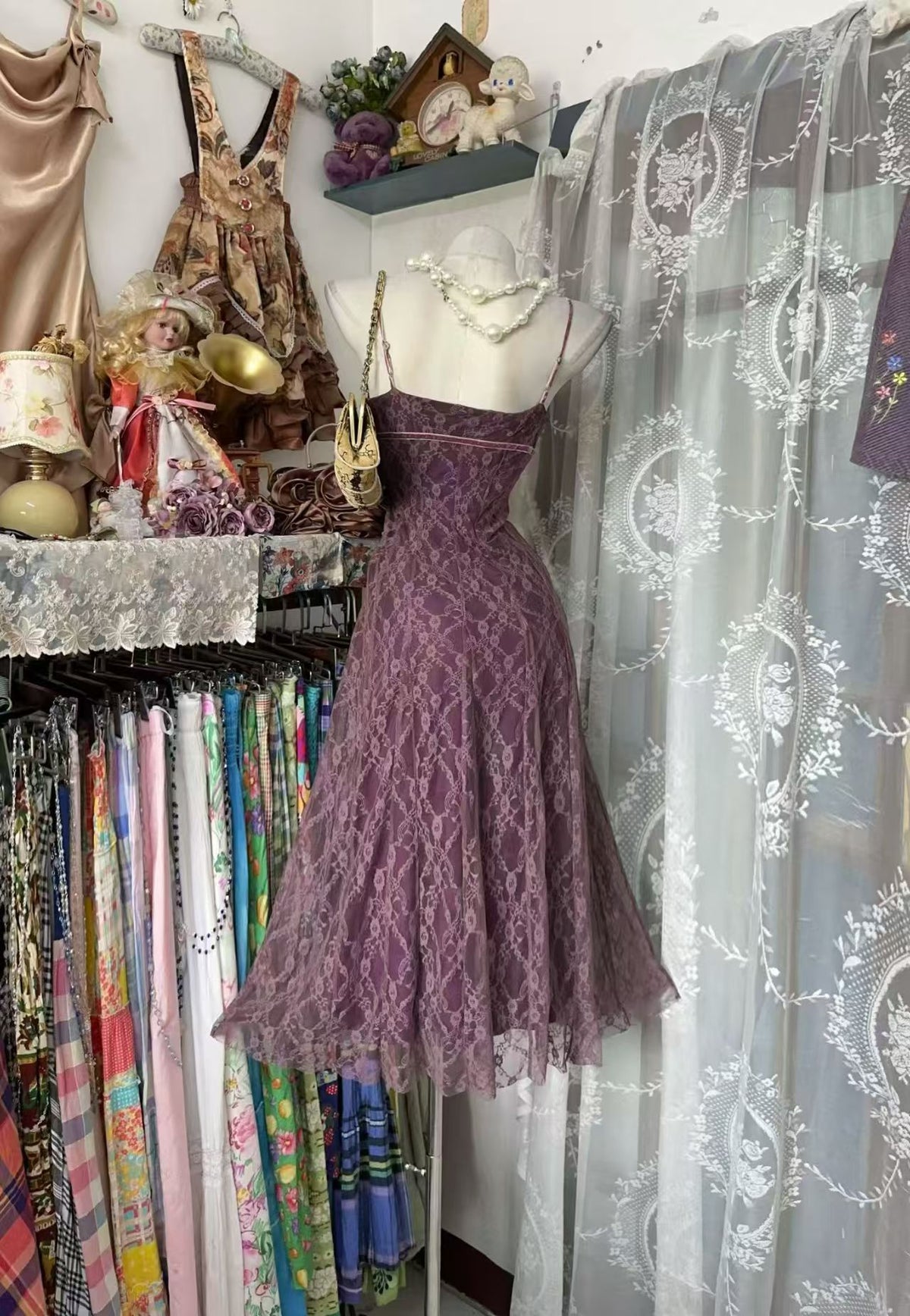 Spaghetti Straps Purple Lace A Line Birthday Dress  J11859