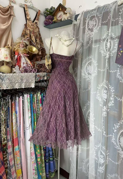 Spaghetti Straps Purple Lace A Line Birthday Dress  J11859