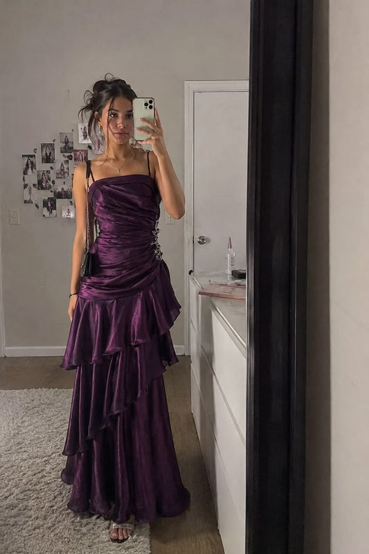 Spaghetti Straps Purple Satin Formal Prom Dress Ruffled Birthday Dress   J11180
