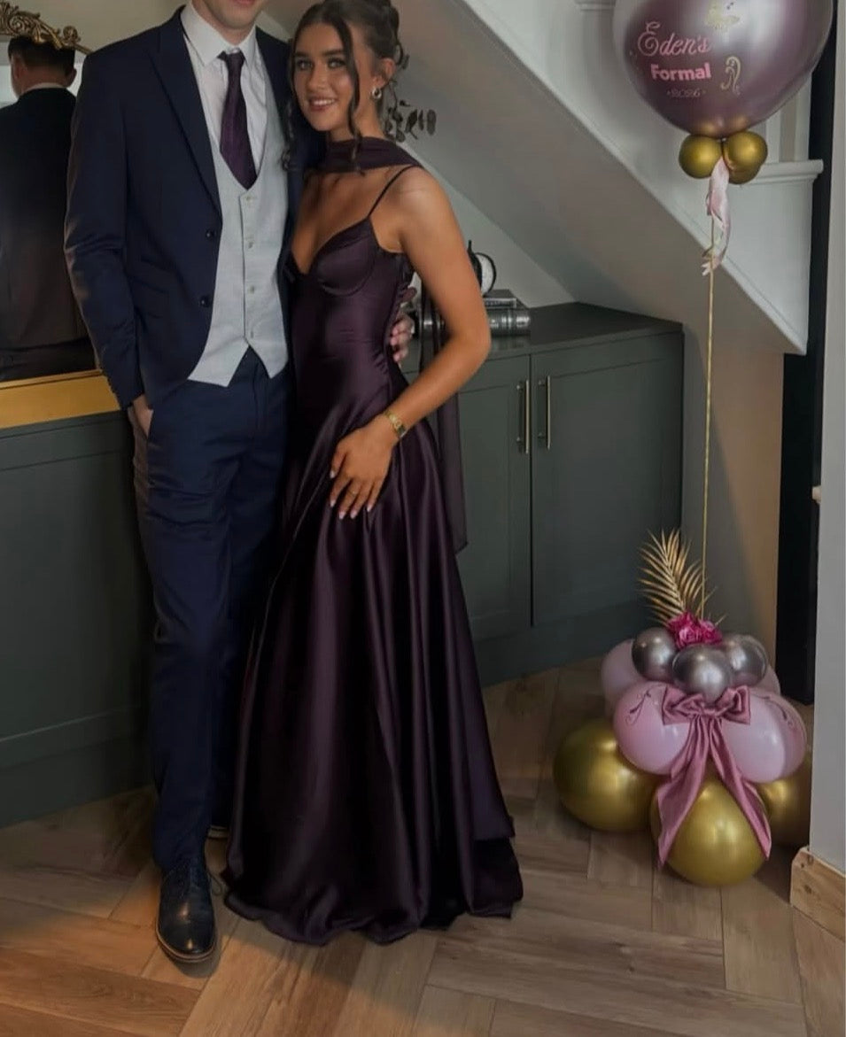 Spaghetti Straps Purple Satin Formal Prom Dress Wedding Guest Dress  J11981