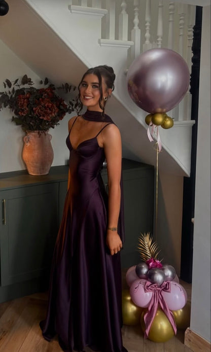 Spaghetti Straps Purple Satin Formal Prom Dress Wedding Guest Dress  J11981