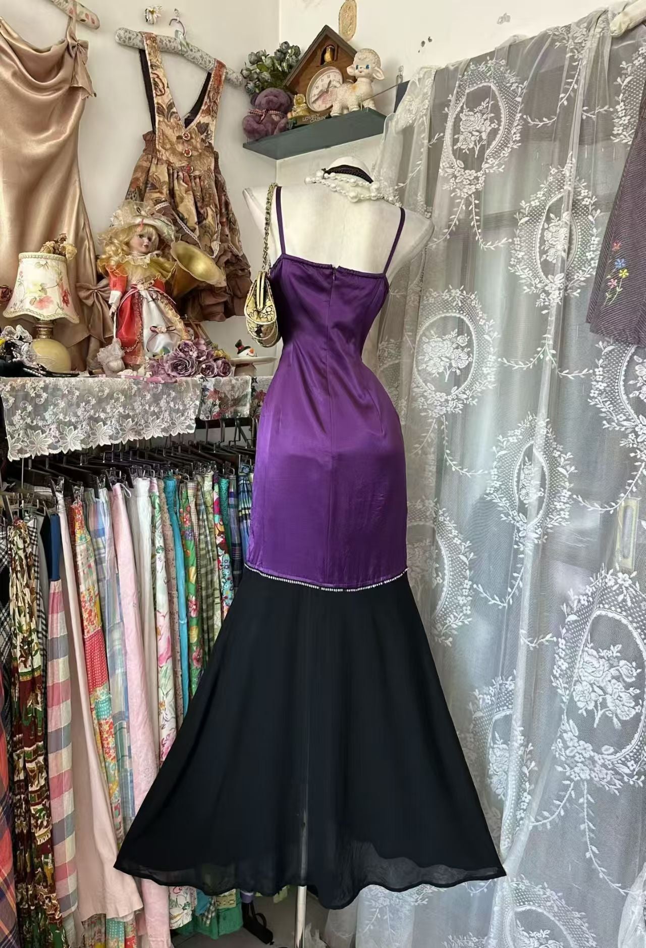 Spaghetti Straps Purple Satin Mermaid Prom Dress Retro Evening Gown  J11008