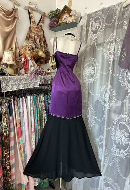 Spaghetti Straps Purple Satin Mermaid Prom Dress Retro Evening Gown  J11008
