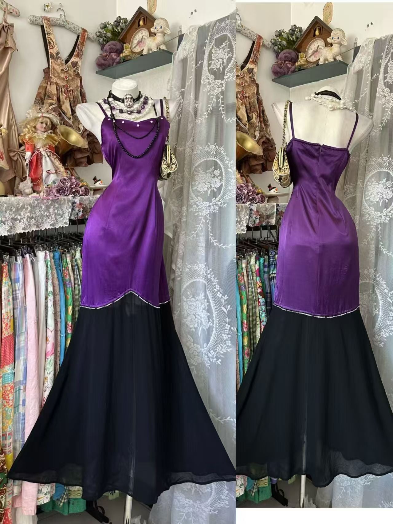 Spaghetti Straps Purple Satin Mermaid Prom Dress Retro Evening Gown  J11008