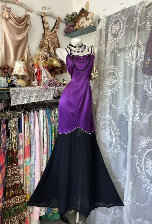 Spaghetti Straps Purple Satin Mermaid Prom Dress Retro Evening Gown  J11008