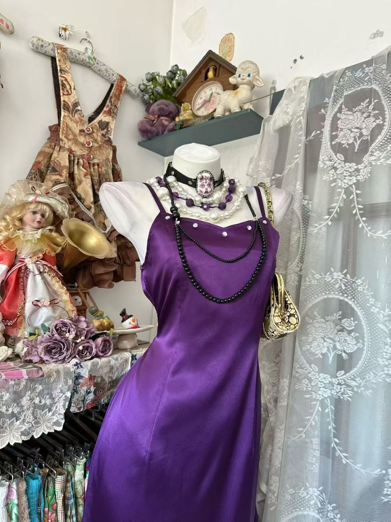 Spaghetti Straps Purple Satin Mermaid Prom Dress Retro Evening Gown  J11008