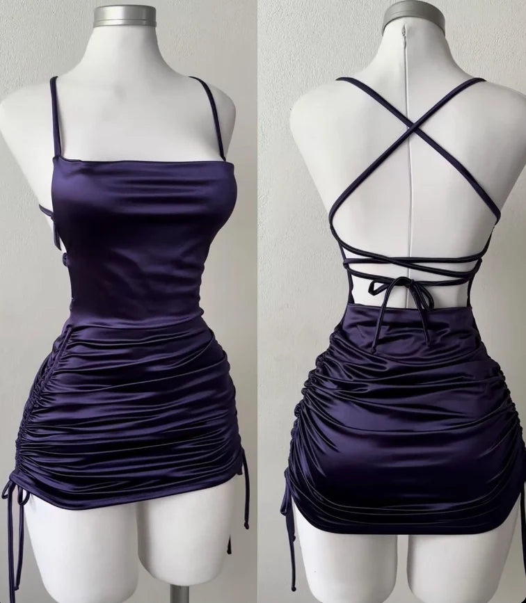 Spaghetti Straps Purple Satin Mini Homecoming Dress  J11622