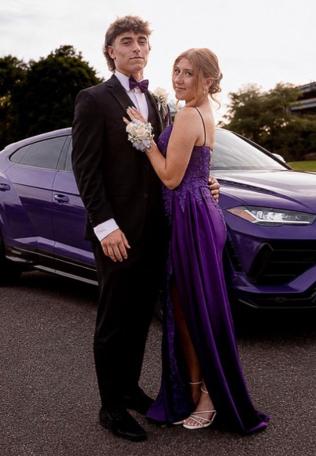 Robe de bal bustier violette en satin avec appliques, robe de soirée formelle J9413