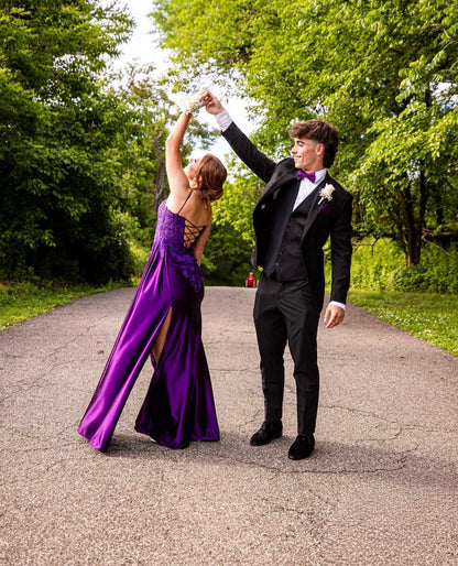 Robe de bal bustier violette en satin avec appliques, robe de soirée formelle J9413