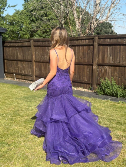 Robe de bal bustier violette en satin avec appliques, robe de soirée formelle J9413