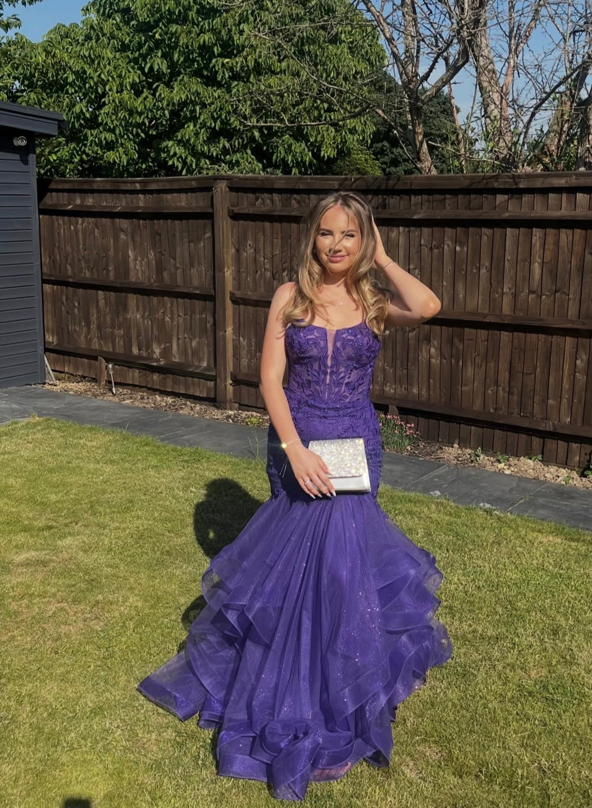 Robe de bal bustier violette en satin avec appliques, robe de soirée formelle J9413