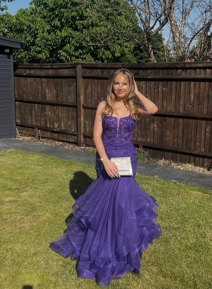 Robe de bal bustier violette en satin avec appliques, robe de soirée formelle J9413