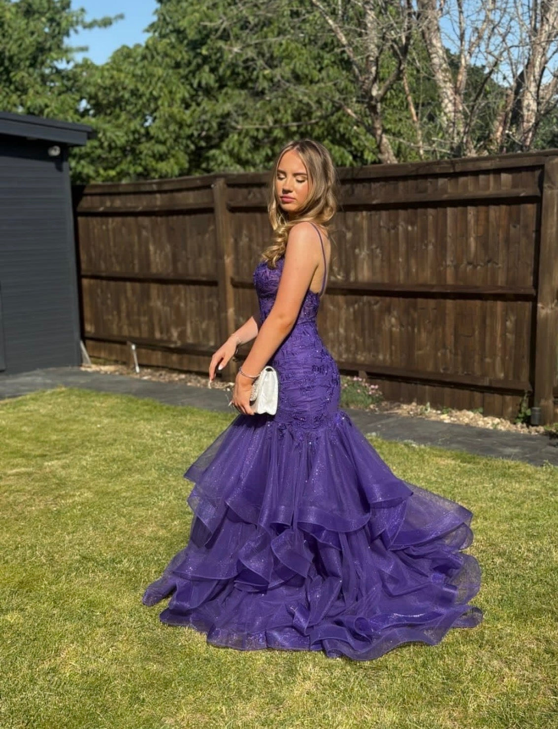 Robe de bal bustier violette en satin avec appliques, robe de soirée formelle J9413