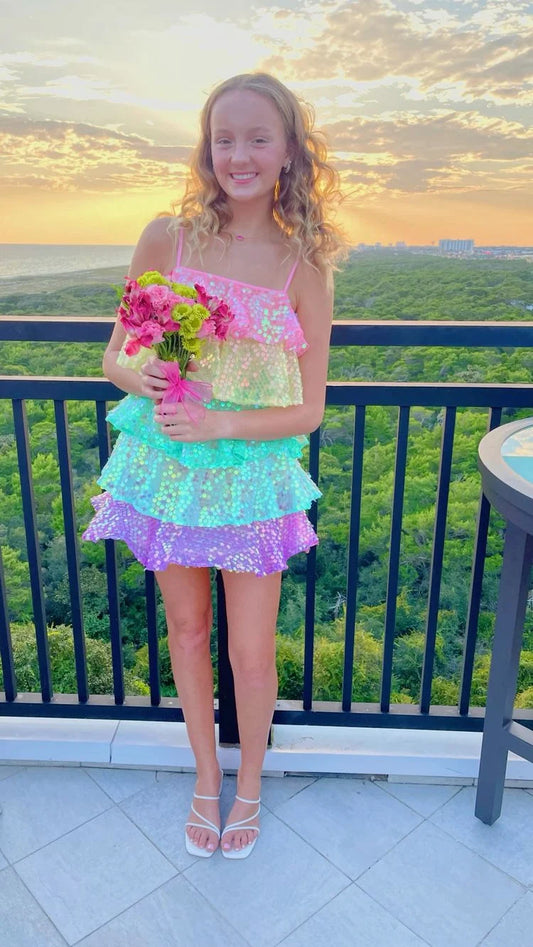 Spaghetti Straps Rainbow Sequins Homecoming Dress  J11695