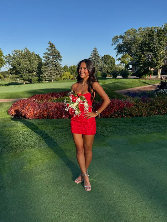 Spaghetti Straps Red Appliques Sheath Homecoming Dress  J11496