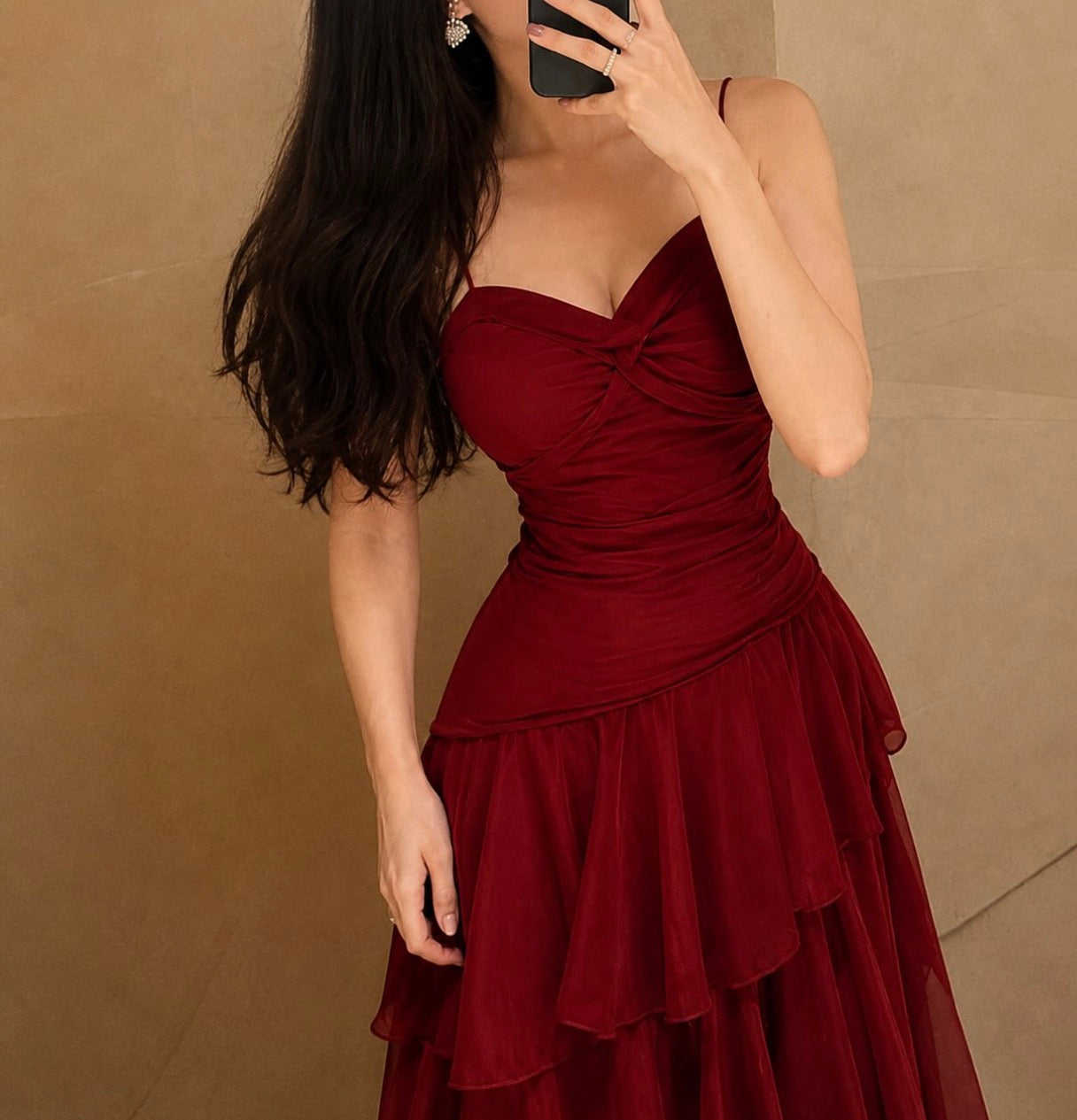 Spaghetti Straps Red Chiffon Prom Dress A Line Wedding Guest Dress  J11350