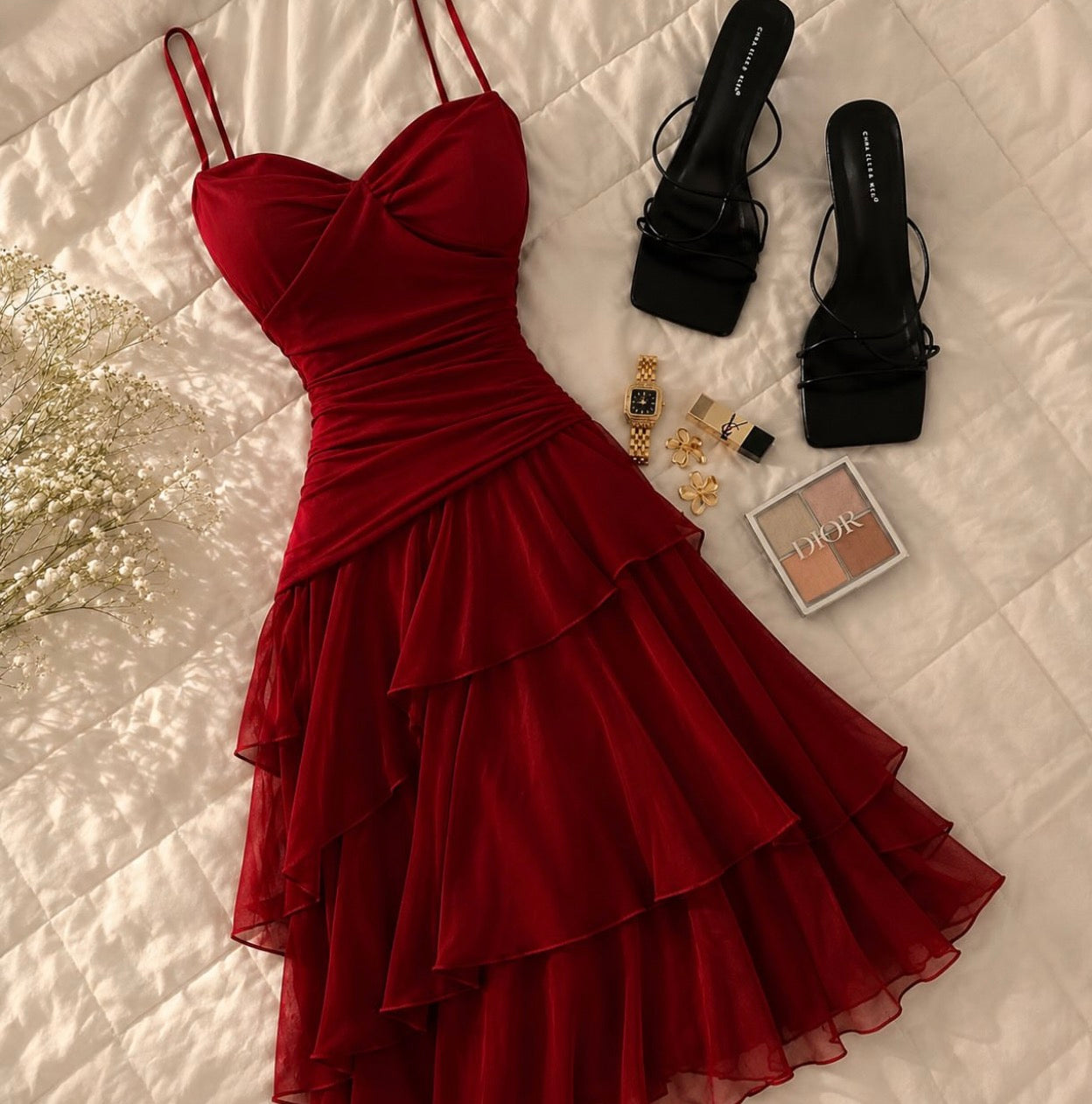 Spaghetti Straps Red Chiffon Prom Dress A Line Wedding Guest Dress  J11350