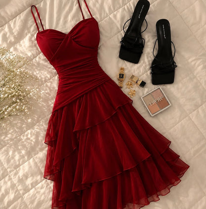 Spaghetti Straps Red Chiffon Prom Dress A Line Wedding Guest Dress  J11350