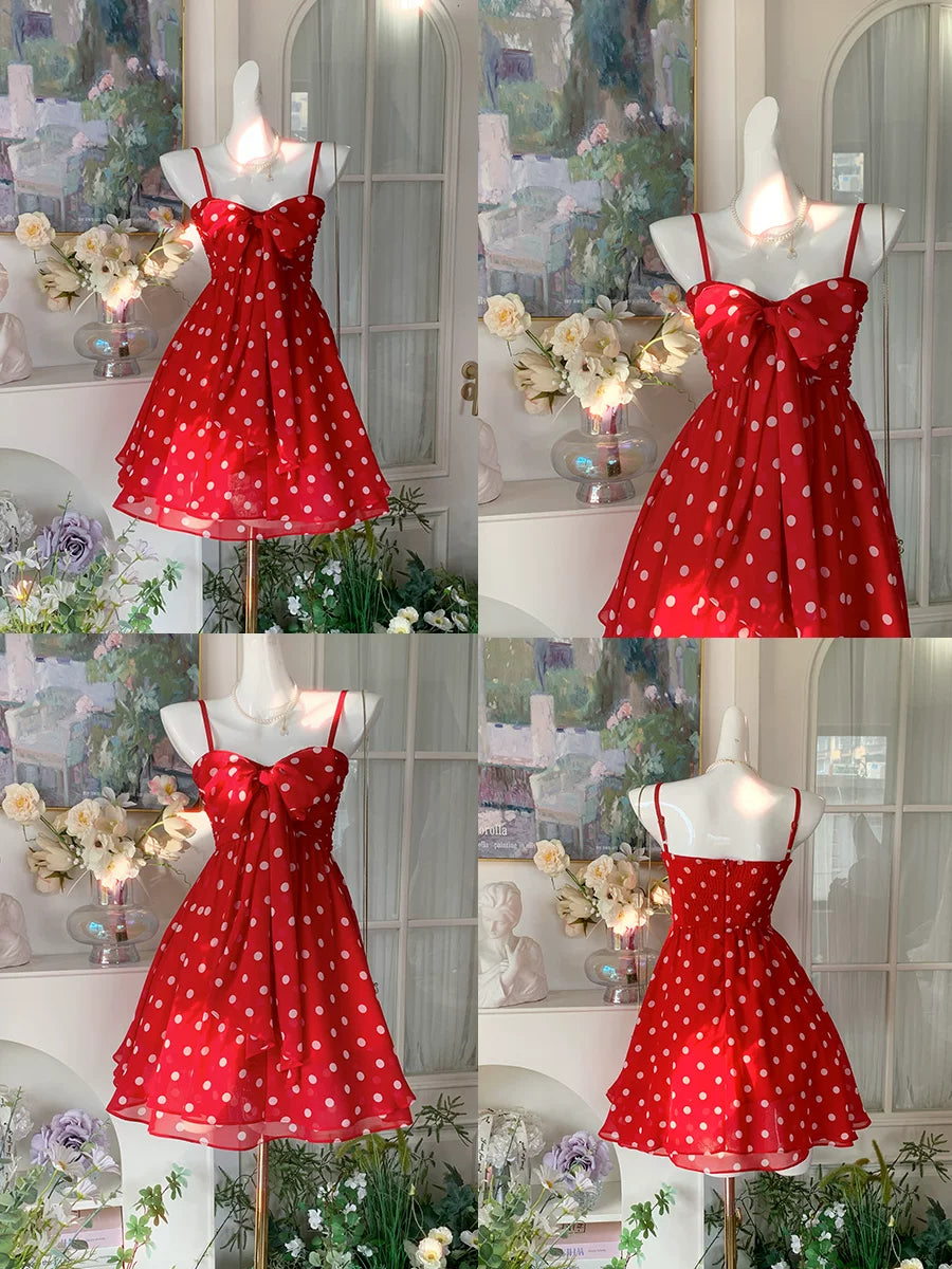 Spaghetti Straps Red Retro Polka Dot Homecoming Dress  J11488