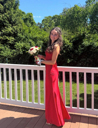 Spaghetti Straps Red Satin Mermaid Prom Dress Appliqued Evening Gown  J11797