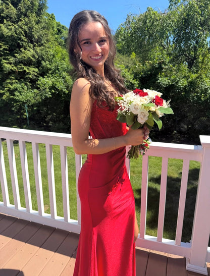 Spaghetti Straps Red Satin Mermaid Prom Dress Appliqued Evening Gown  J11797