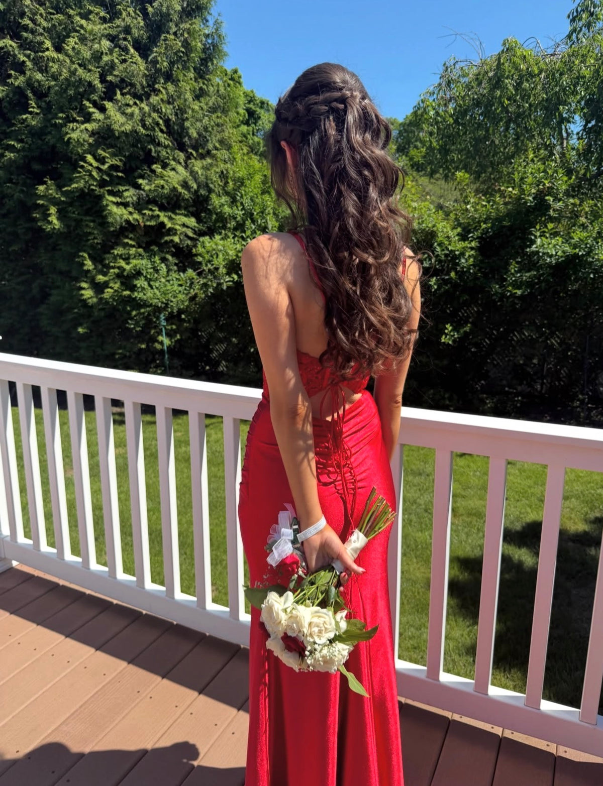 Spaghetti Straps Red Satin Mermaid Prom Dress Appliqued Evening Gown  J11797