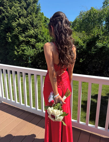 Spaghetti Straps Red Satin Mermaid Prom Dress Appliqued Evening Gown  J11797