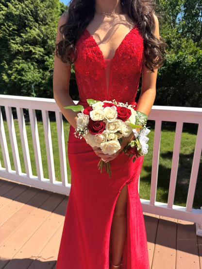 Spaghetti Straps Red Satin Mermaid Prom Dress Appliqued Evening Gown  J11797