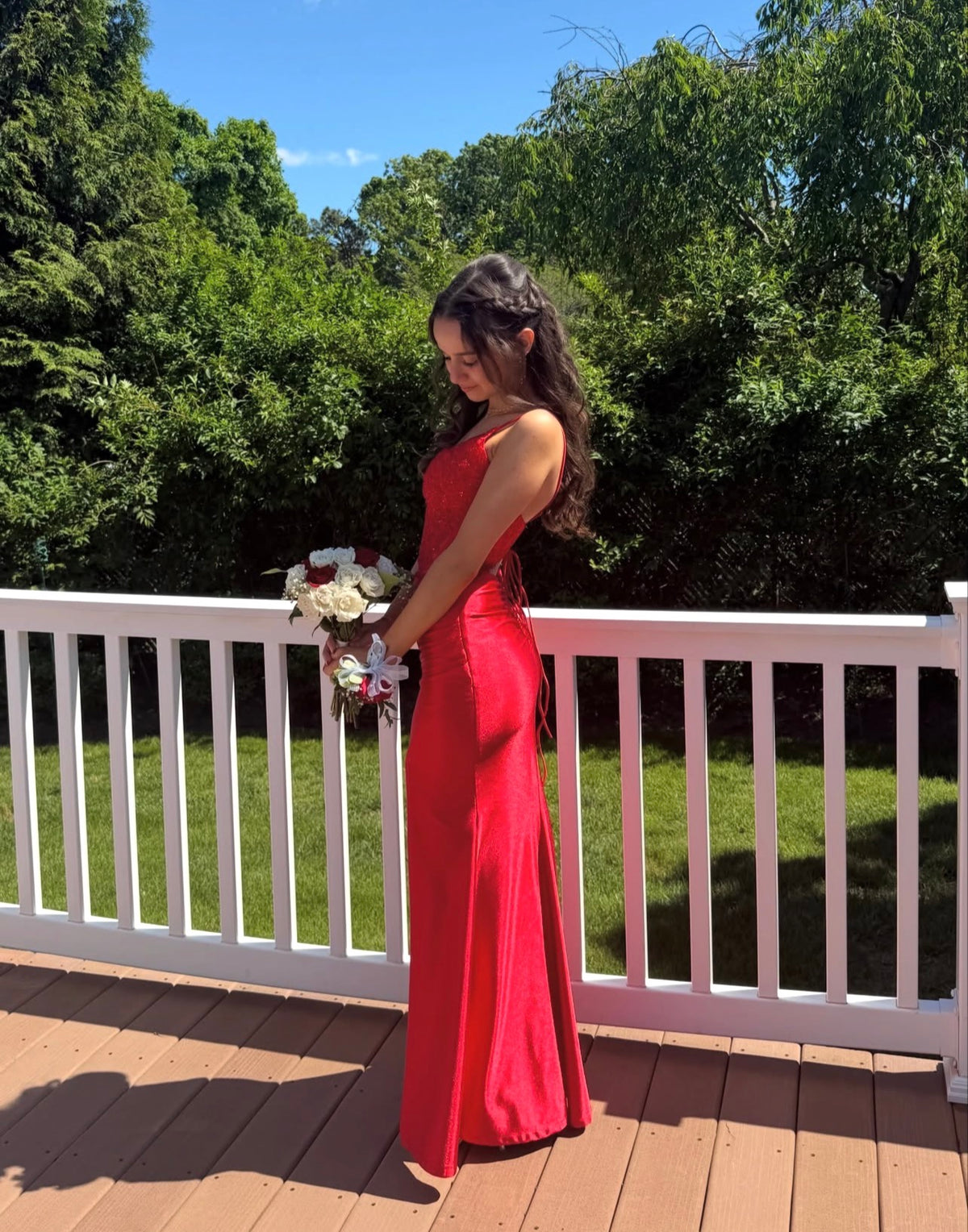 Spaghetti Straps Red Satin Mermaid Prom Dress Appliqued Evening Gown  J11797